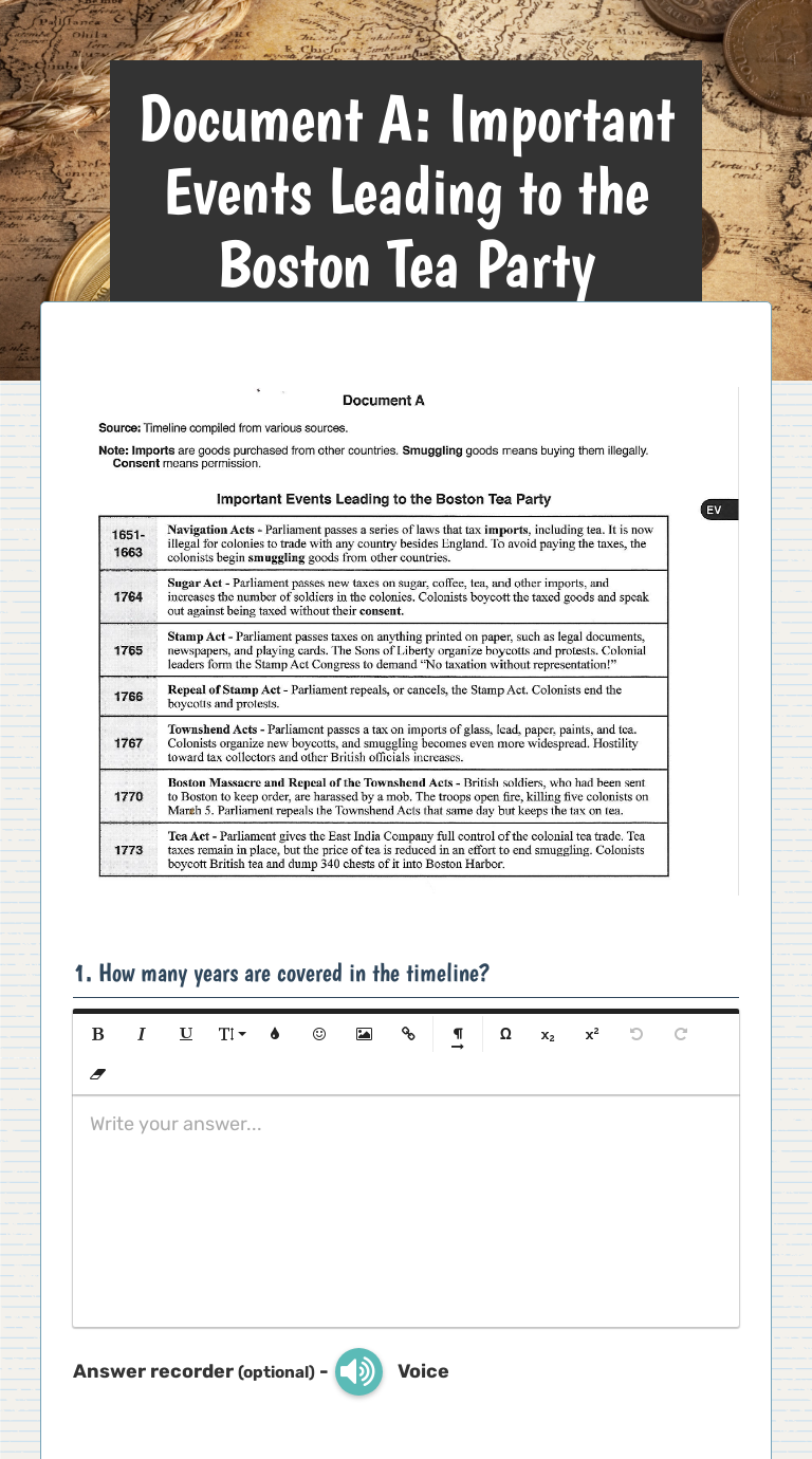 Document A: Important Events Leading to the Boston Tea Party With Boston Tea Party Worksheet
