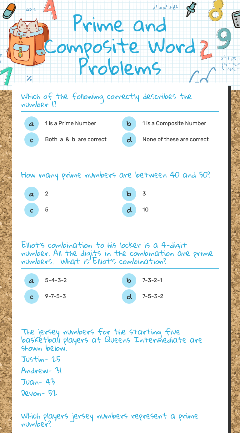 Prime and Composite Word Problems worksheet