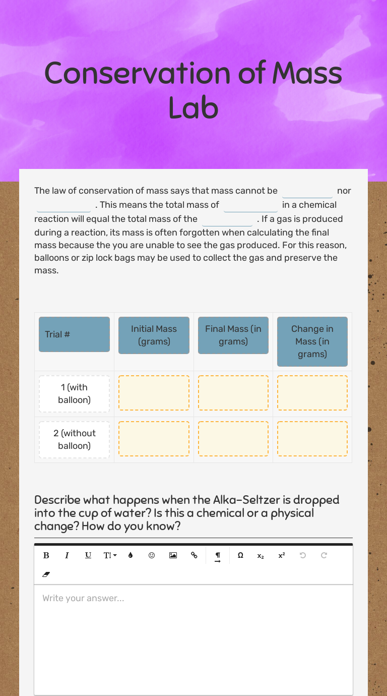 Conservation of Mass Lab  Interactive Worksheet by Fallis, Andrew In Conservation Of Mass Worksheet