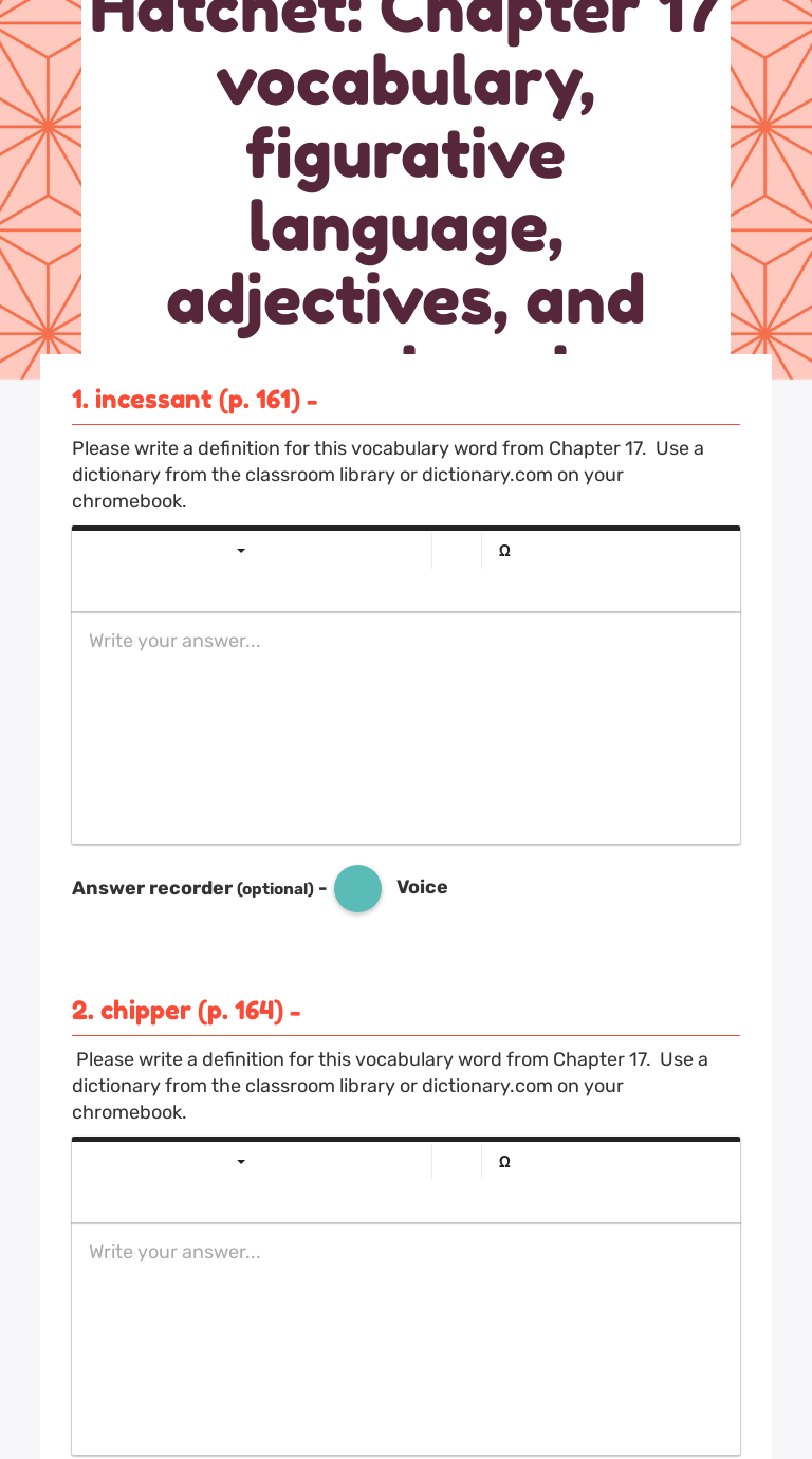 hatchet chapter 17 vocabulary figurative language adjectives and comprehension interactive worksheet by rachel jarcik wizer me