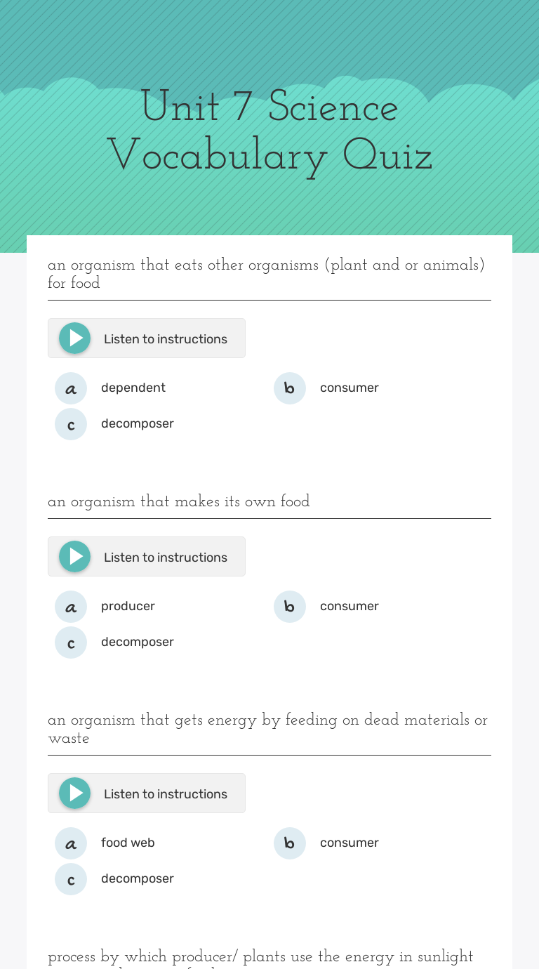 Unit 7 Science Vocabulary Quiz Interactive Worksheet by TIFFANY