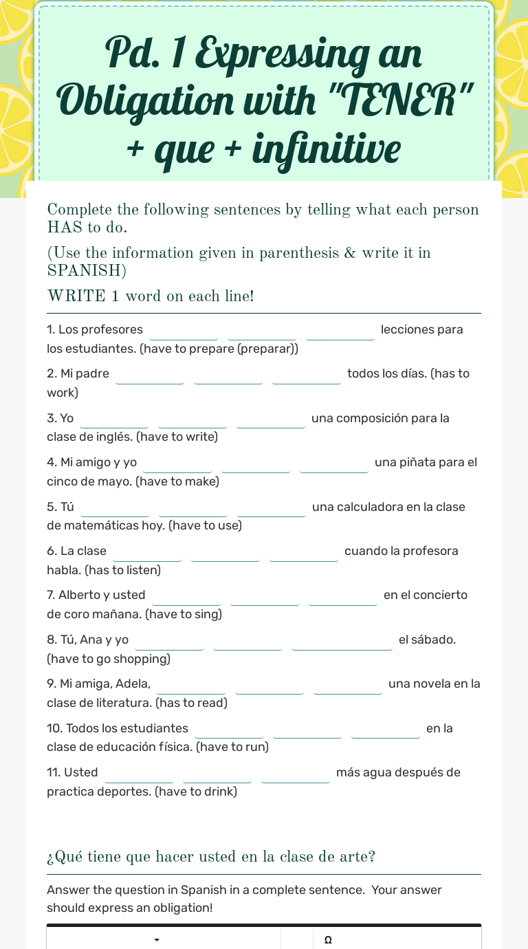 Pd. 1 Expressing an Obligation with "TENER" + que + infinitive Grade 8 worksheet preview
