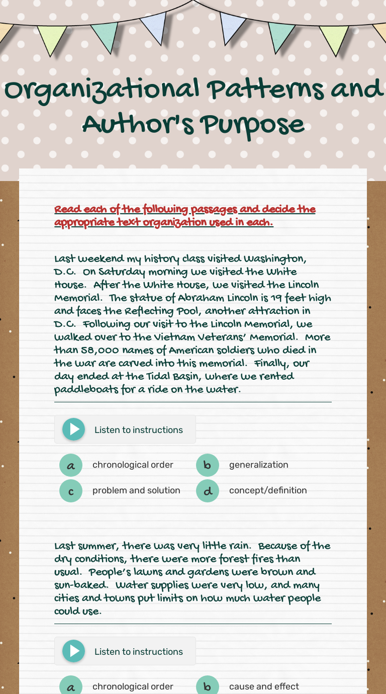 Organizational Patterns and Author's Purpose Interactive Worksheet by