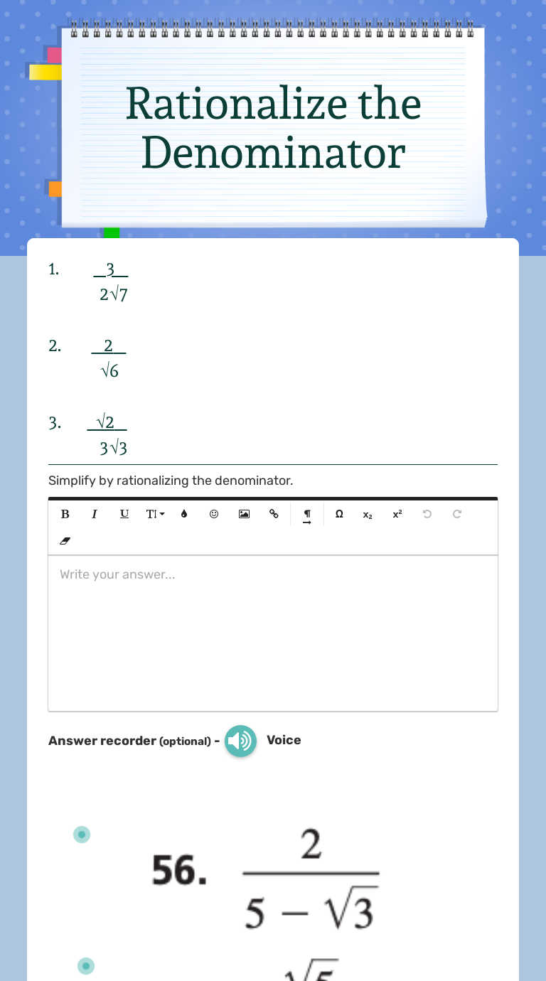 Rationalize the Denominator  Interactive Worksheet by Bryan Pertaining To Rationalizing The Denominator Worksheet