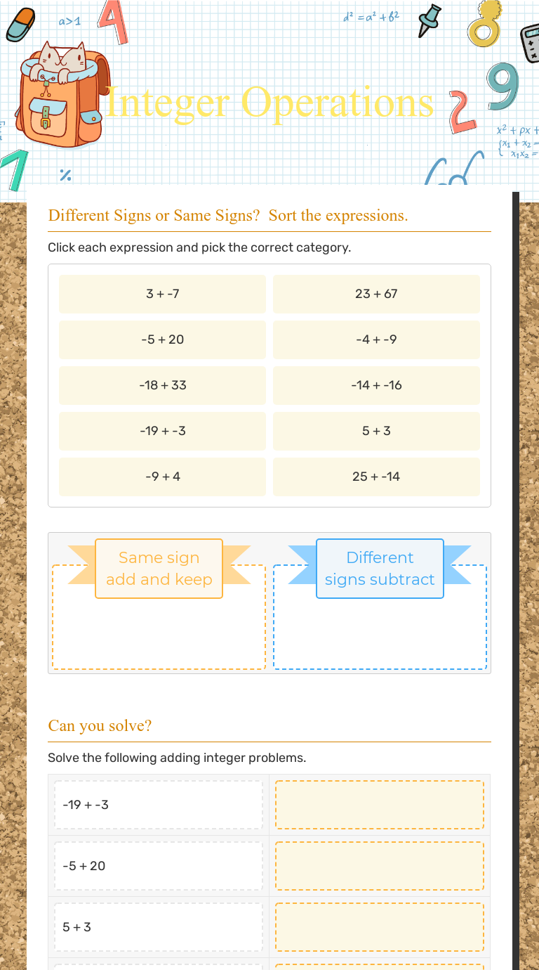 Integer Operations worksheet