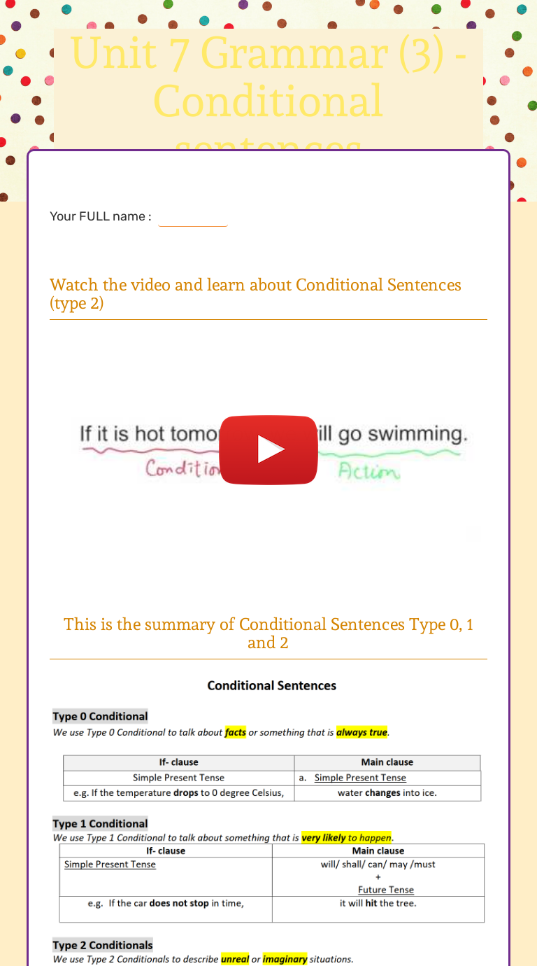 Condition sentences interactive worksheet