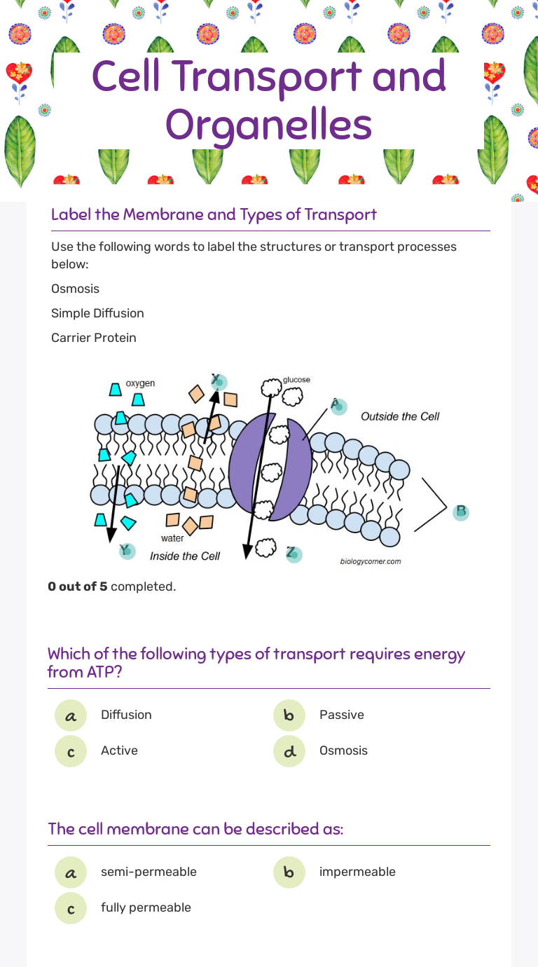 Cell Transport and Organelles  Interactive Worksheet by Mary For Cellular Transport Worksheet Answer Key