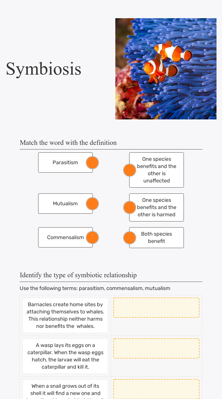 Symbiosis  Interactive Worksheet by Kelly Dillman  Wizer.me Pertaining To Symbiosis Worksheet Answer Key