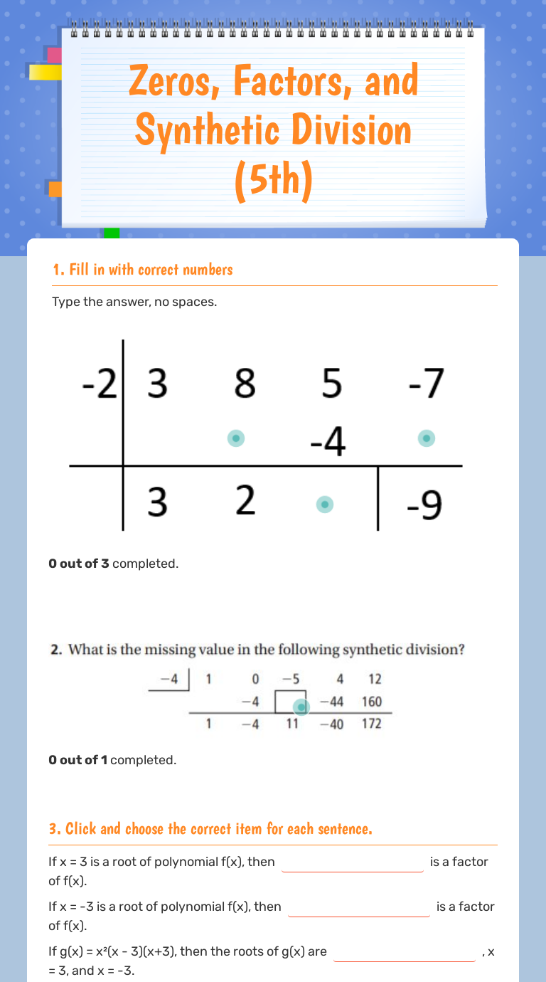 Zeros, Factors, and Synthetic Division (5th) Interactive Worksheet by