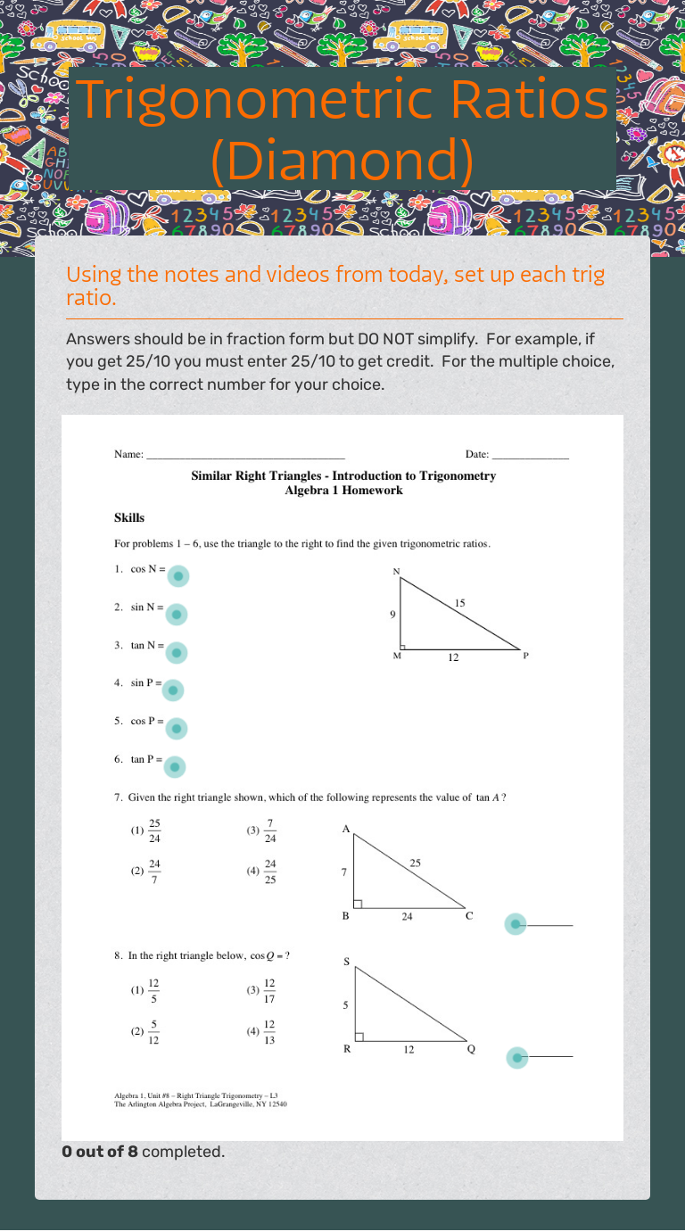Trigonometric Ratios (Diamond) Grade 10 worksheet preview