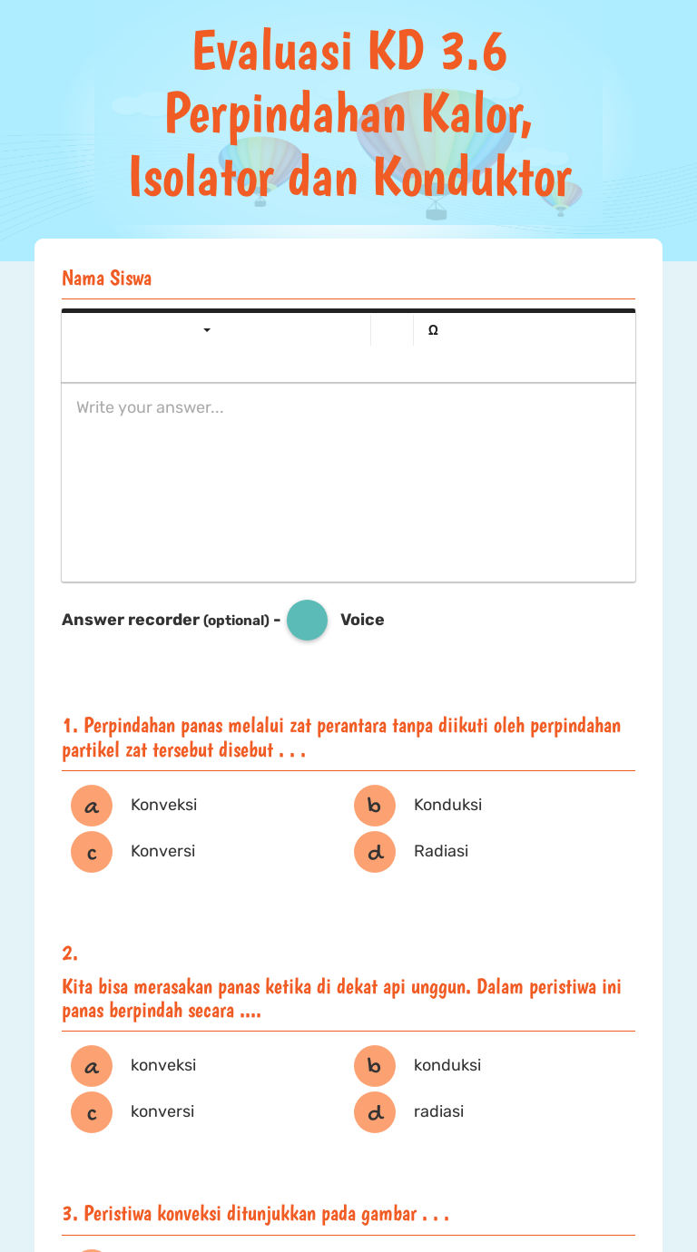 Evaluasi KD 3.6 Perpindahan Kalor, Isolator dan Konduktor Grade 5 worksheet preview