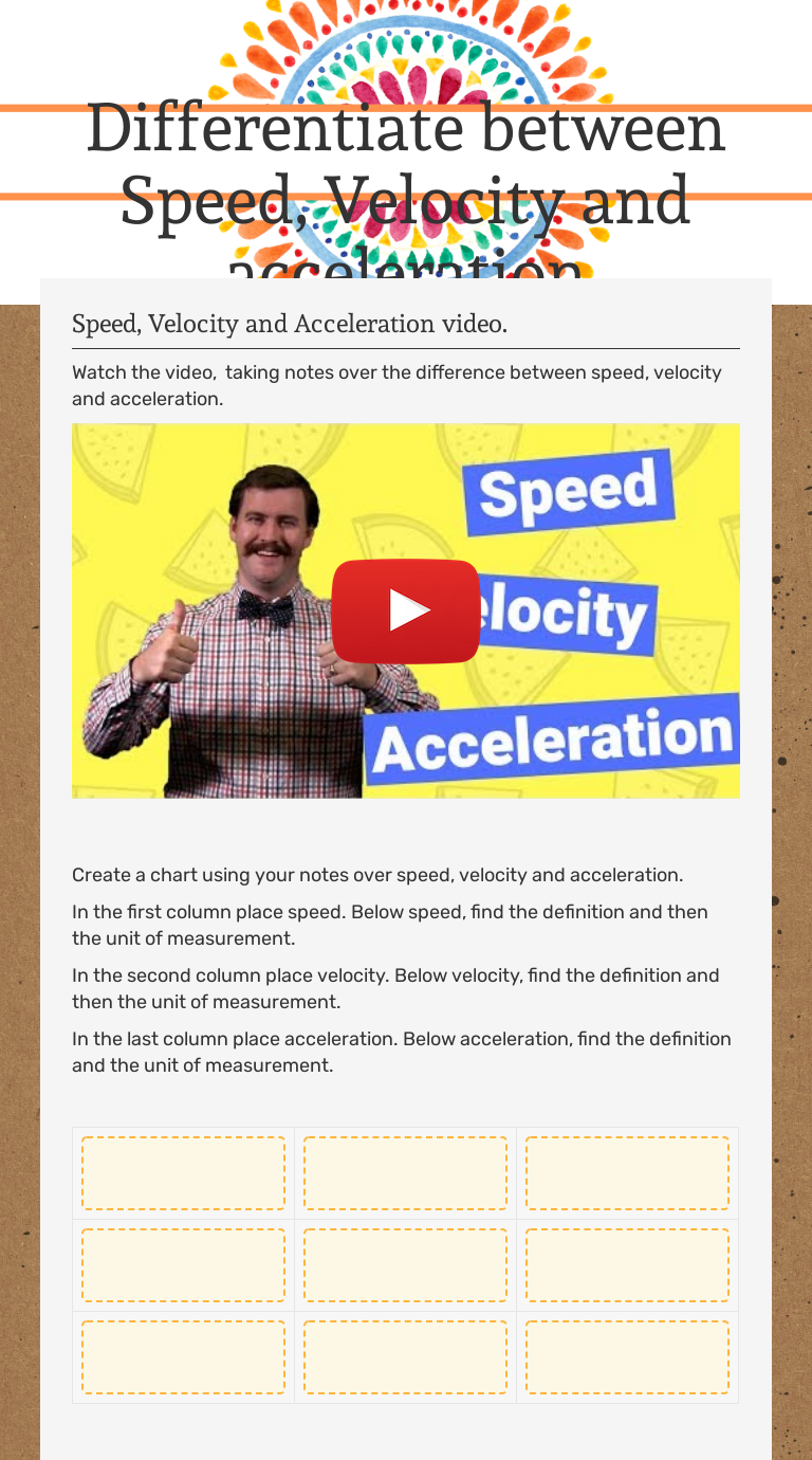 Differentiate between Speed, Velocity and acceleration For Velocity And Acceleration Worksheet