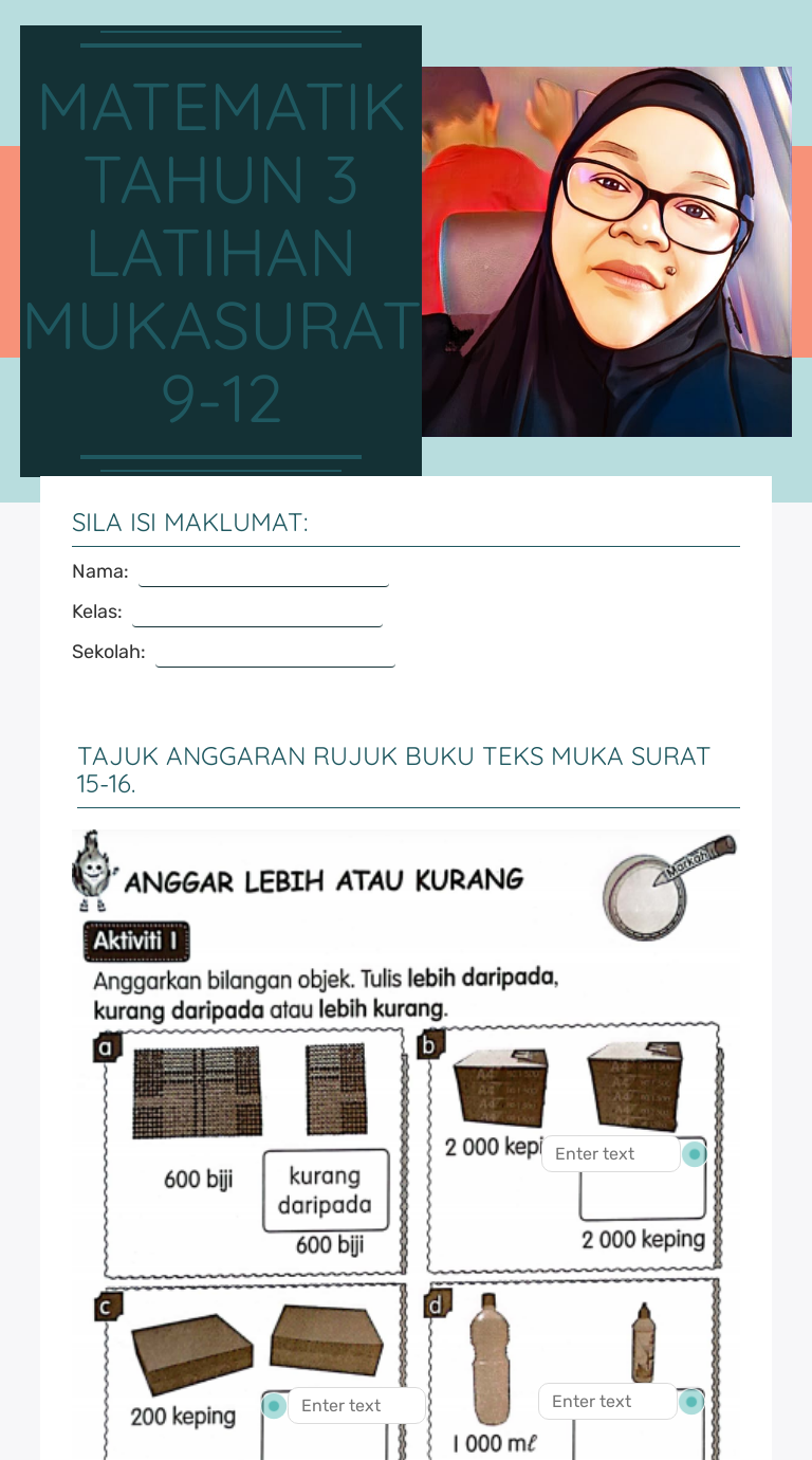 MATEMATIK TAHUN 3 LATIHAN MUKASURAT 9-12 worksheet preview image