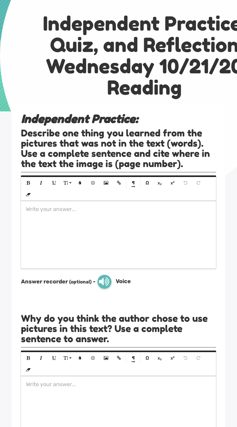 Independent Practice, Quiz, and Reflection Wednesday 10/21/20 Reading Grade 3 worksheet preview