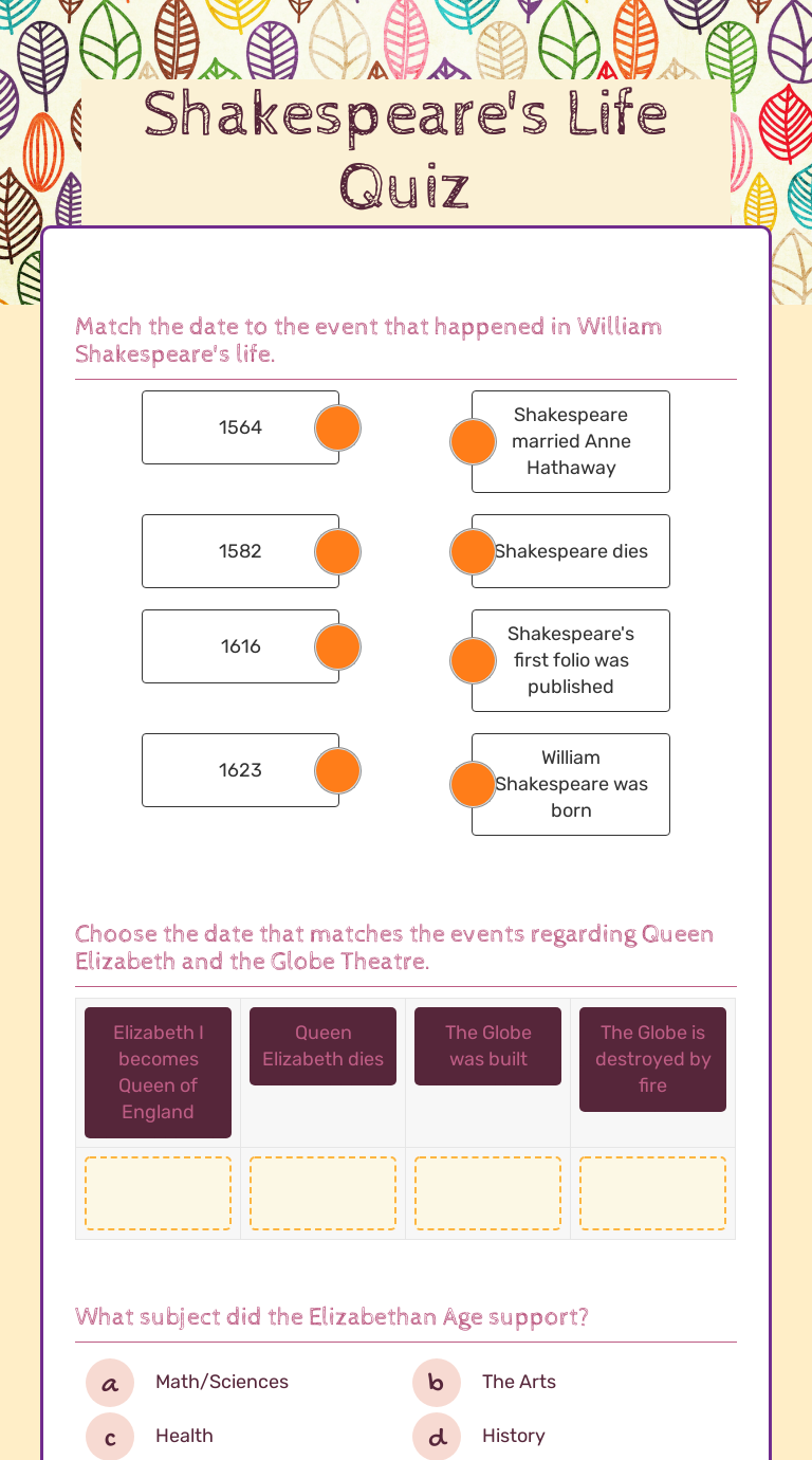 Shakespeare's Life Quiz worksheet preview image