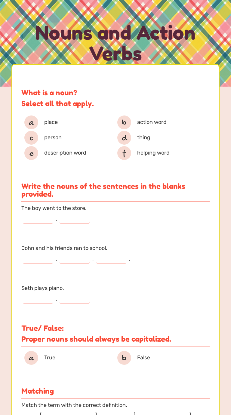 Nouns and Action Verbs worksheet preview image