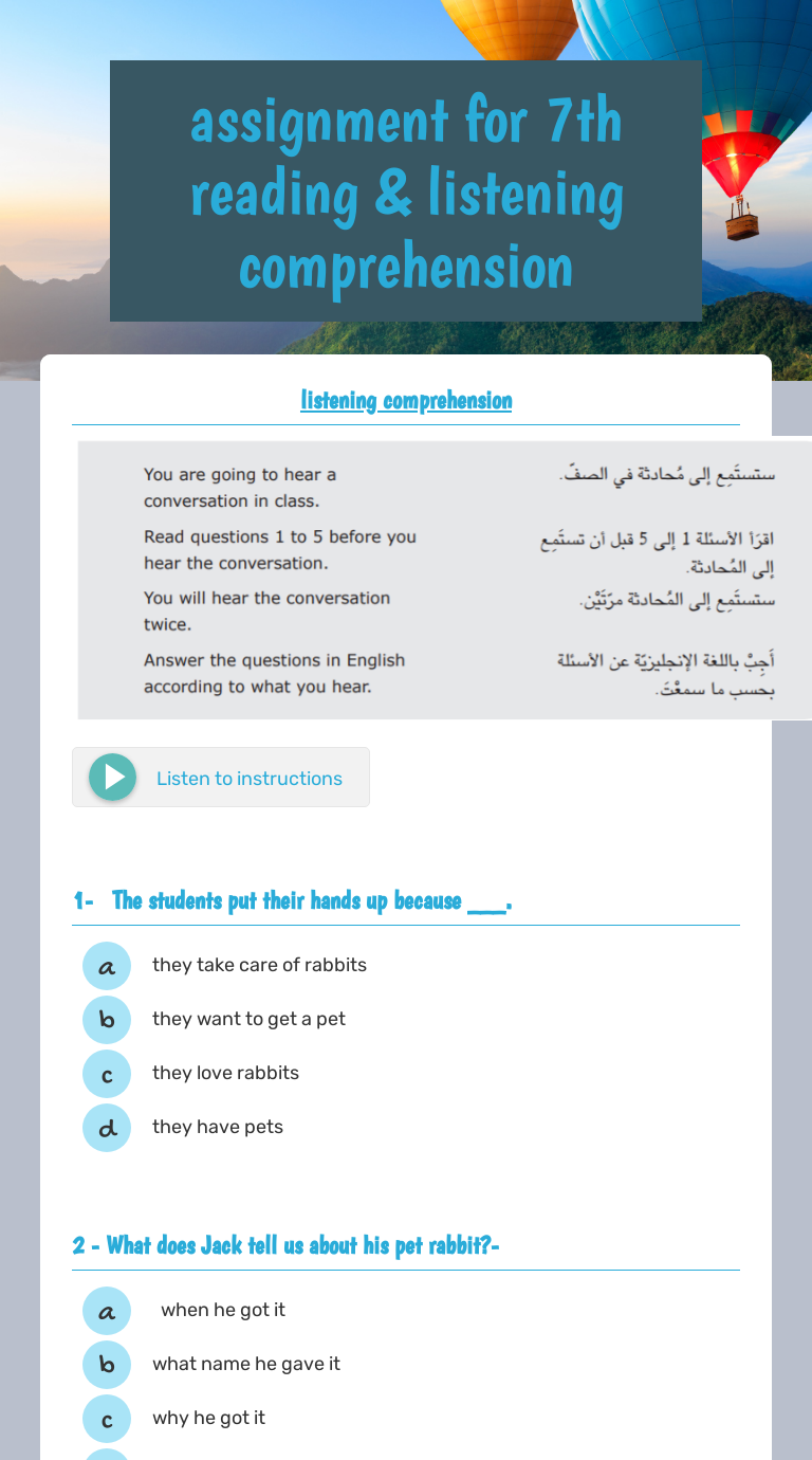 Assignment for 7th reading listening comprehension interactive