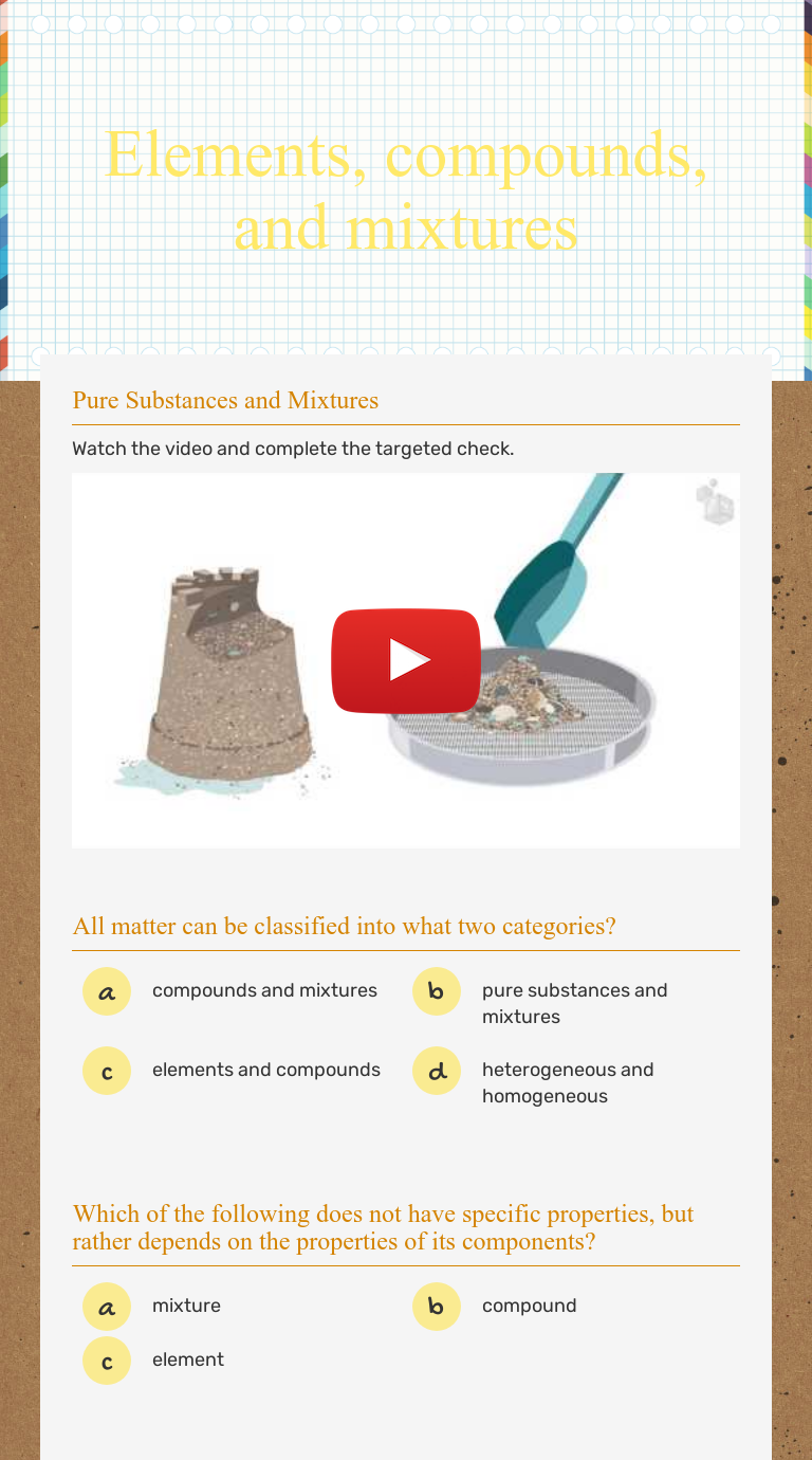 Elements Compounds And Mixtures Interactive Worksheet By Tanisha Easterling Wizer Me
