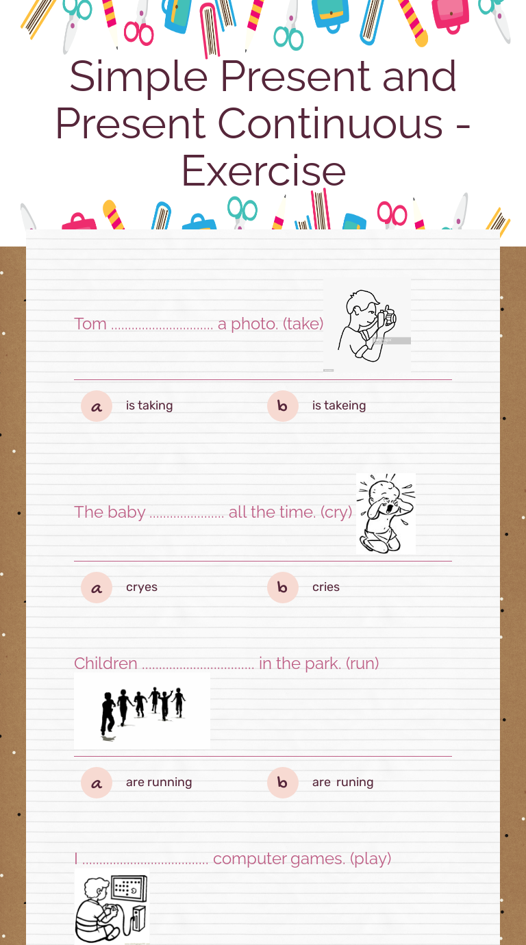 Simple Present and Present Continuous - Exercise worksheet preview image