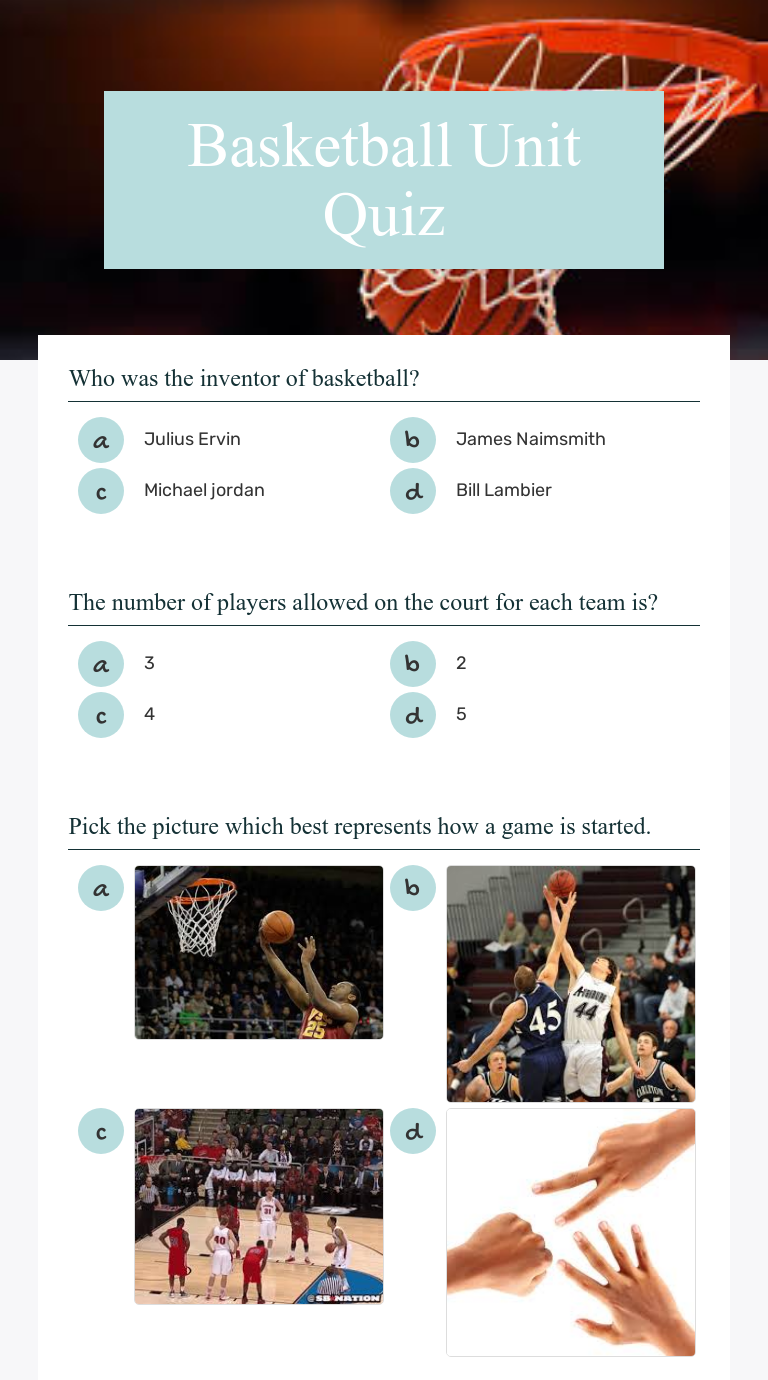 Basketball Unit Quiz | Interactive Worksheet By Shaun Balhorn | Wizer.me