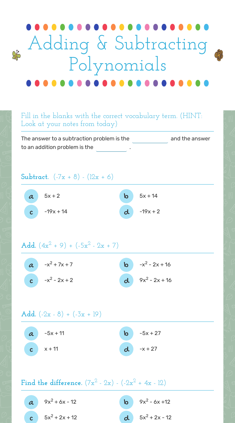 Adding & Subtracting Polynomials  Interactive Worksheet by Amanda Pertaining To Adding And Subtracting Polynomials Worksheet