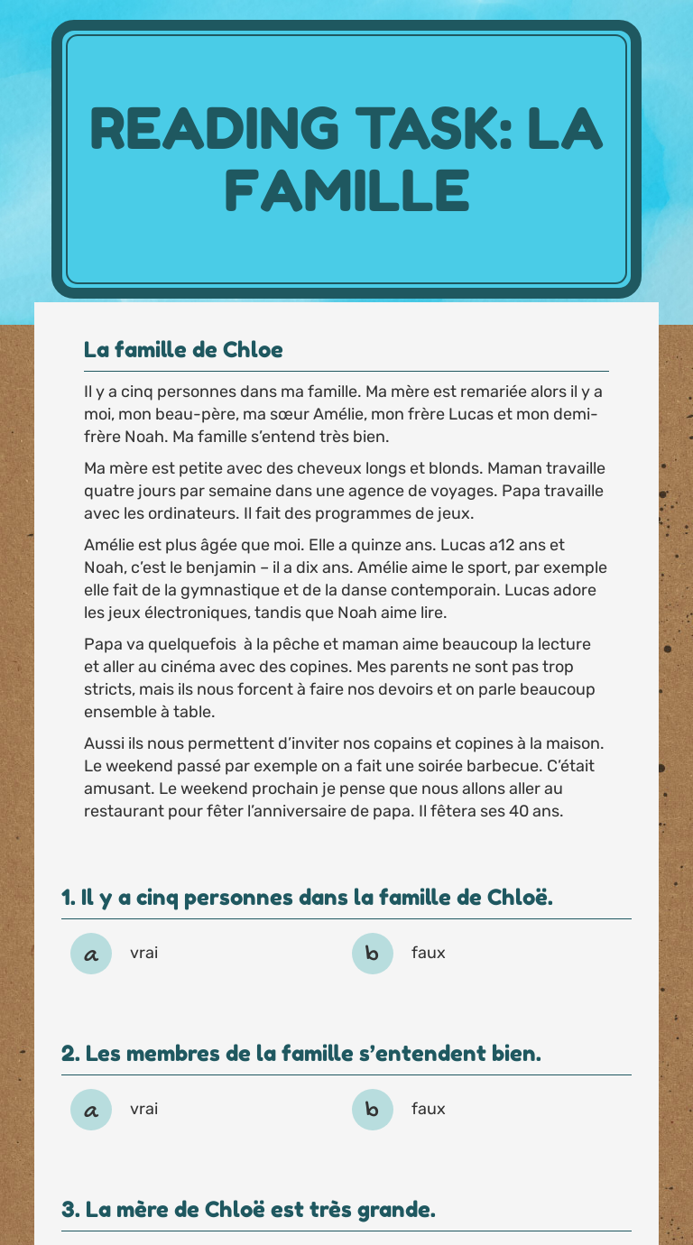 Reading Task La Famille Interactive Worksheet By Cheryl Cowherd Wizer Me