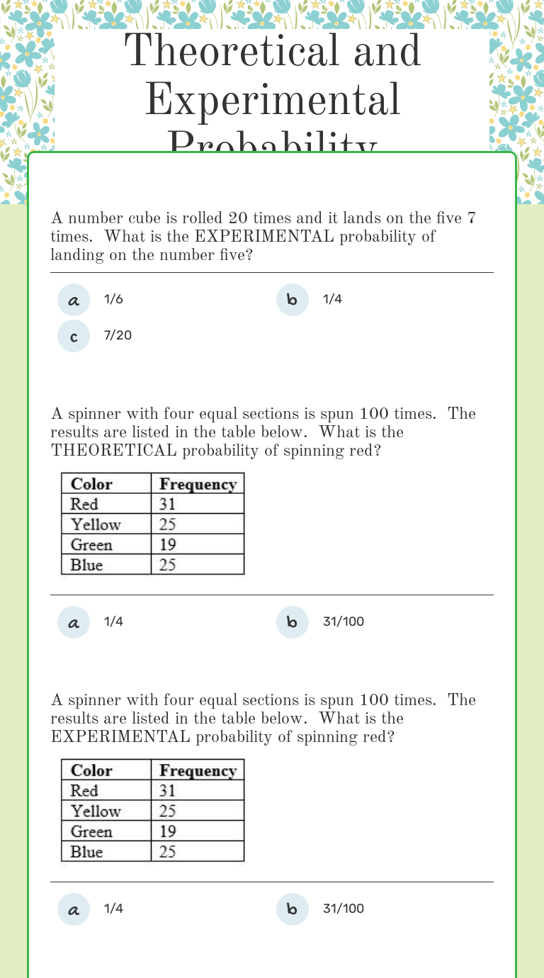 Theoretical and Experimental Probability  Interactive Worksheet In Theoretical And Experimental Probability Worksheet