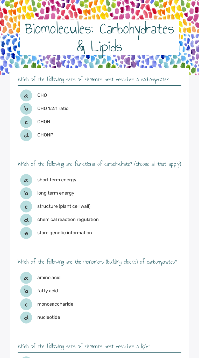 Biomolecules Carbohydrates & Lipids Interactive Worksheet by Erin Weaver Wizer.me