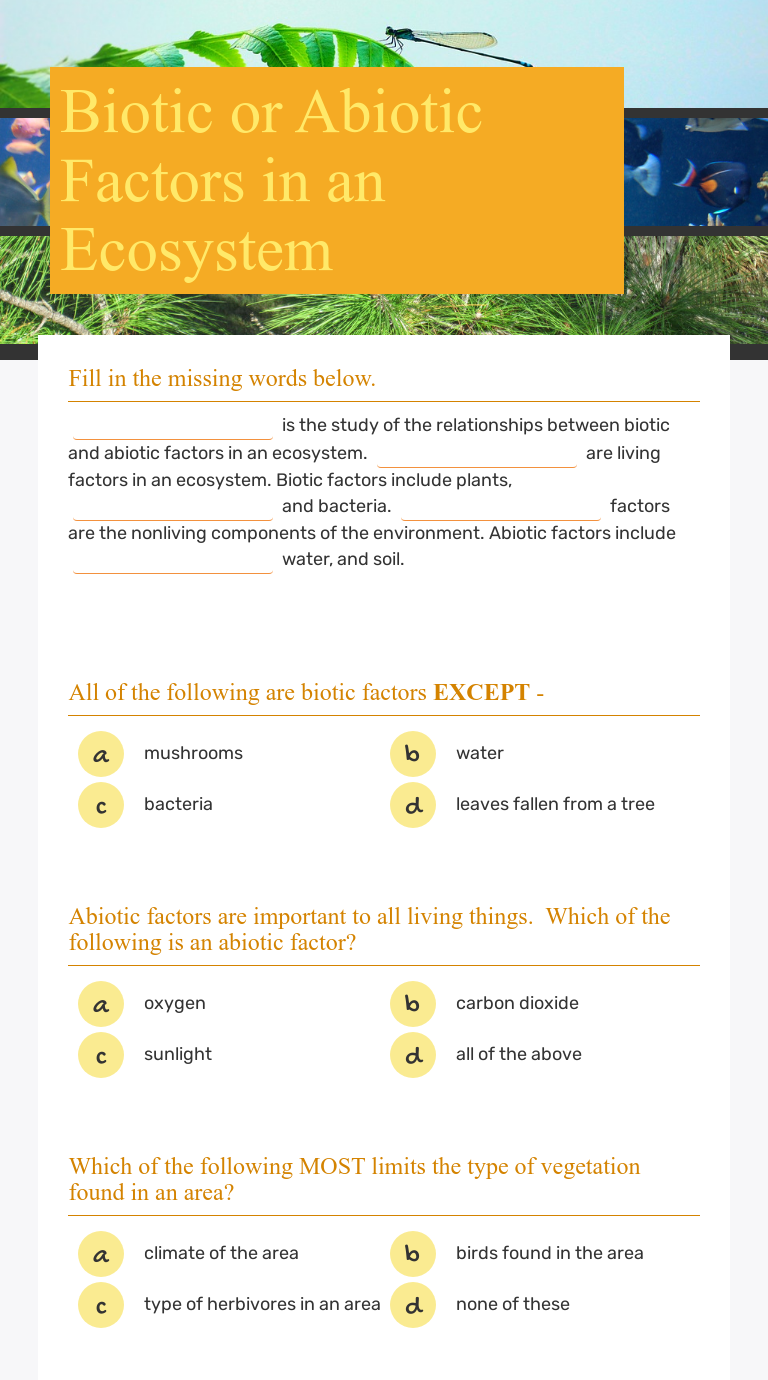 Biotic Or Abiotic Factors In An Ecosystem | Interactive Worksheet By ...