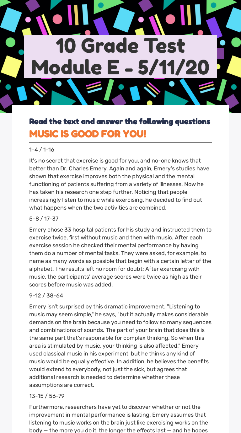 10 Grade Test Module E 5/11/20 Interactive Worksheet by איציק