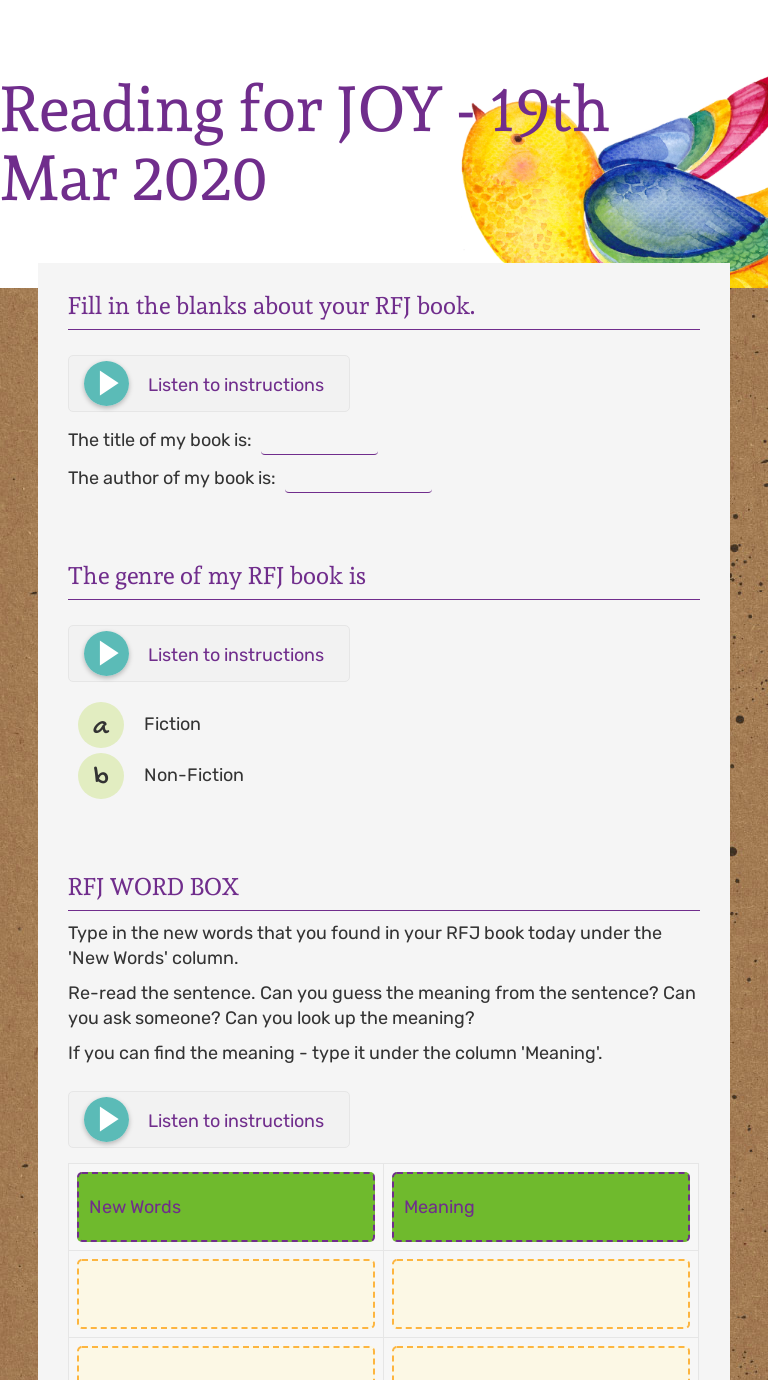 Reading For Joy 19th Mar Interactive Worksheet By Aditi Ghosh Wizer Me