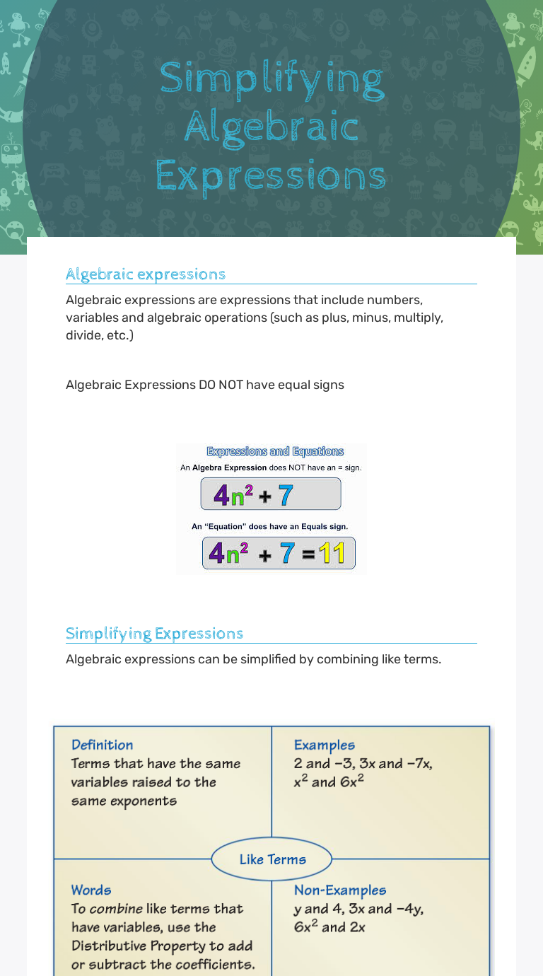 Simplifying Algebraic Expressions worksheet