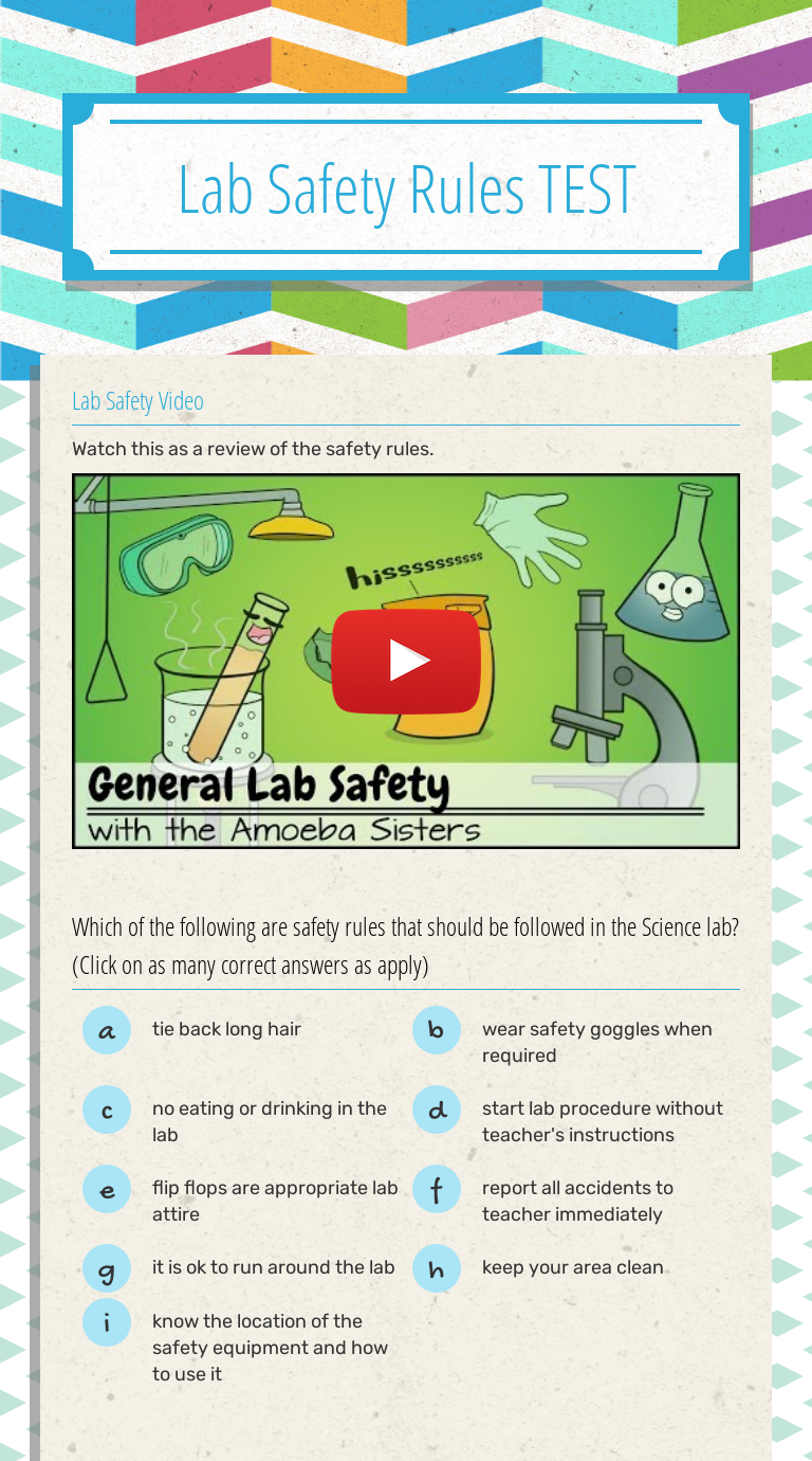 Lab Safety Rules TEST Interactive Worksheet by Bettie German Wizer.me