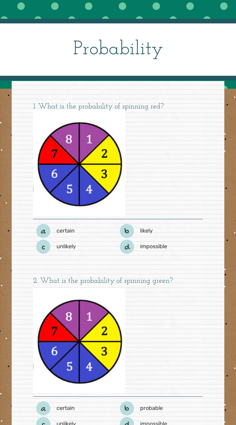 Probability worksheet preview image