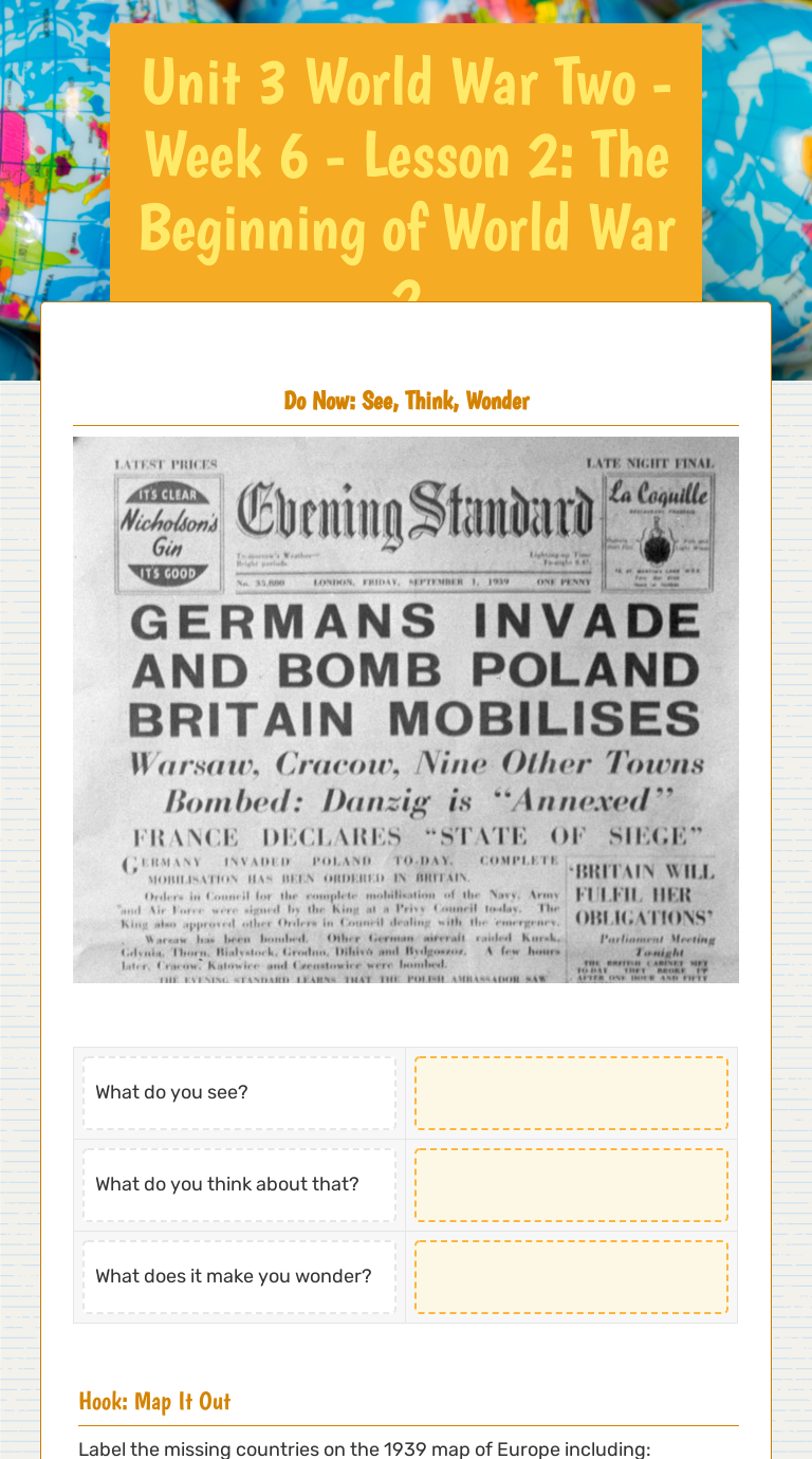 Unit 3 World War Two - Week 6 - Lesson 2: The Beginning of World War 2 worksheet preview image