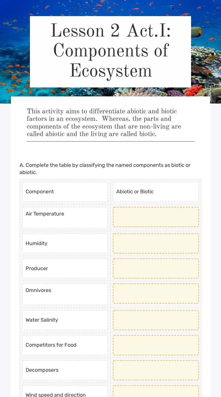 Lesson 2 Act.I: Components of Ecosystem worksheet preview