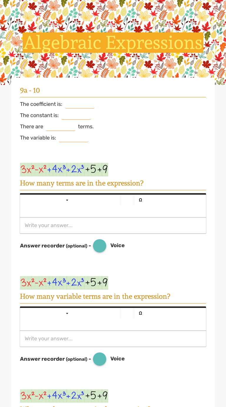 Algebraic Expressions Grade 6 worksheet preview