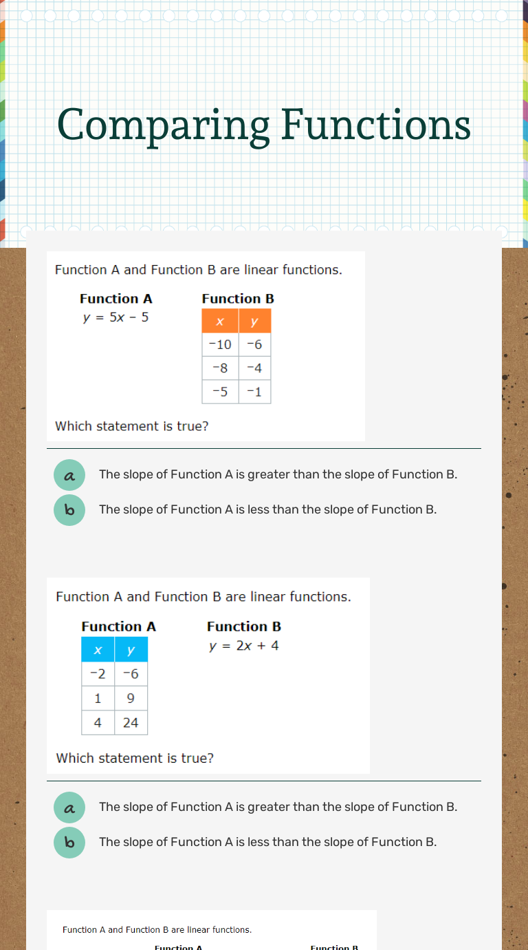 Comparing Functions | Interactive Worksheet By Leslie Dunbar | Wizer.me