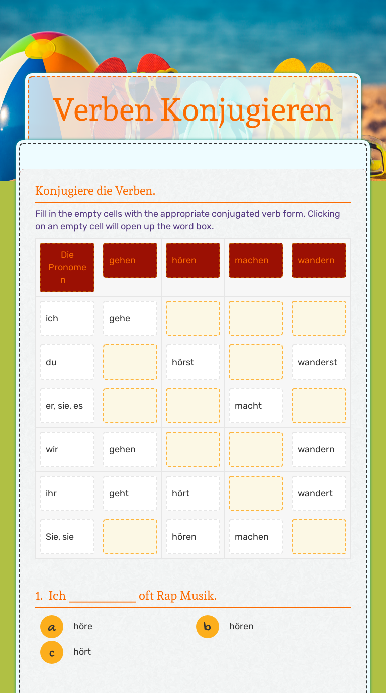 Verben Konjugieren | Interactive Worksheet by Rune Williams | Wizer.me