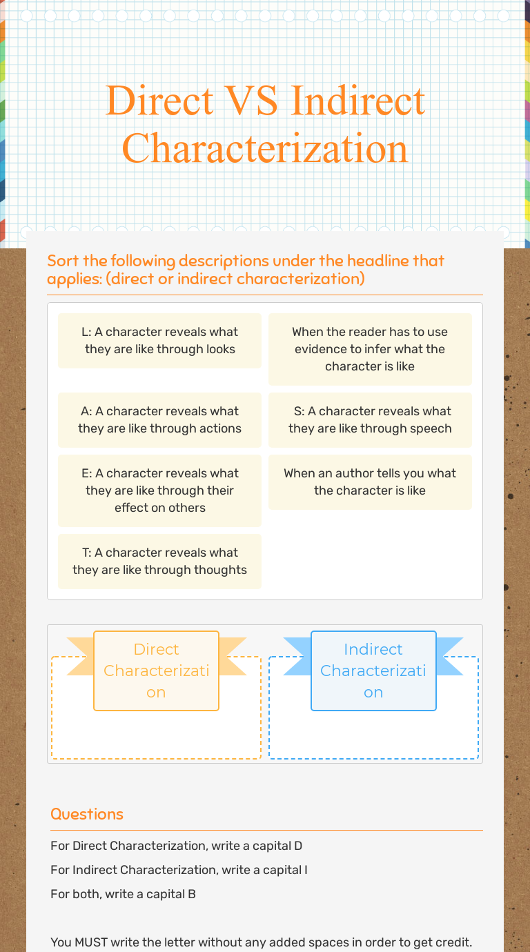 Direct Vs Indirect Characterization Interactive Worksheet By Amanda Orlando Wizer Me