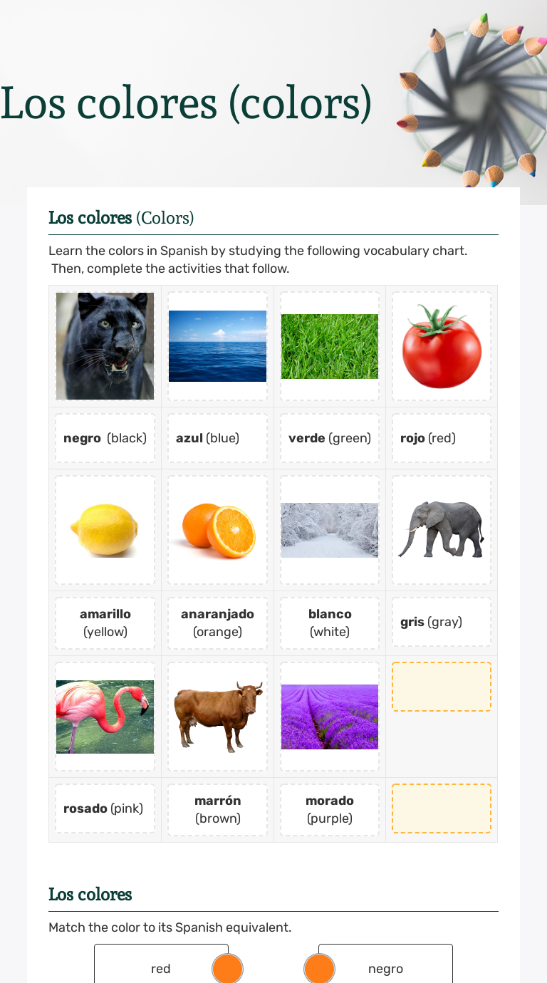 Los colores (colors) Grade 7 worksheet preview