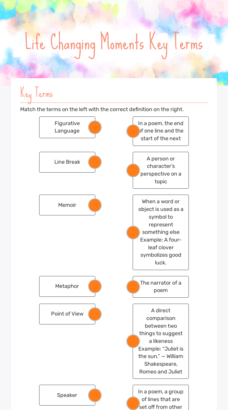 Life Changing Moments Key Terms Grade 8 worksheet preview