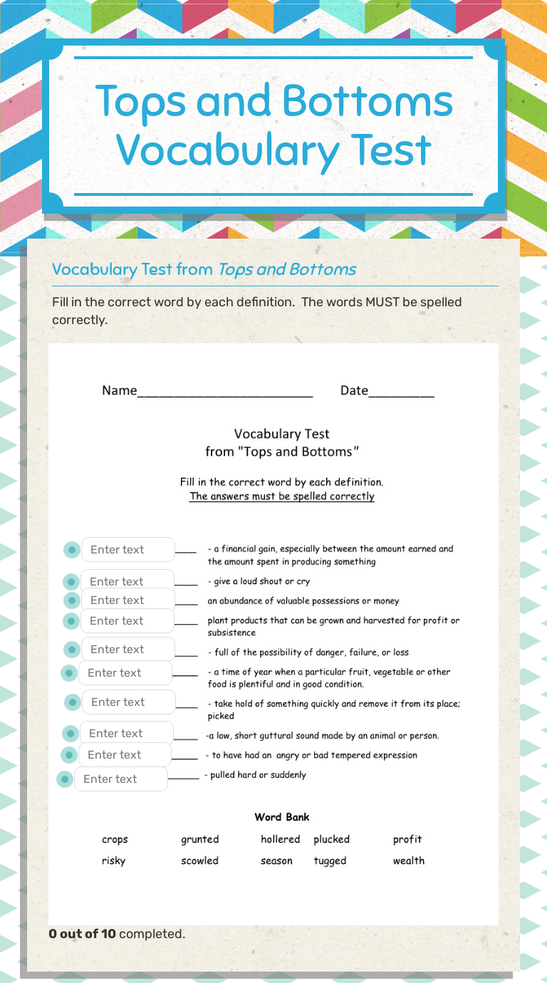 tops and bottoms vocabulary test interactive worksheet by becky worwood wizer me