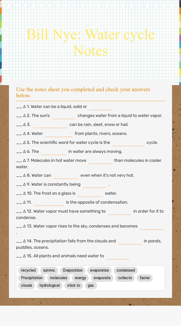 Bill Nye: Water cycle Notes  Interactive Worksheet by MARGARET Pertaining To Bill Nye Water Cycle Worksheet