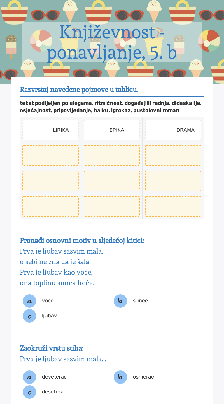 Književnost - Ponavljanje, 5. B | Interactive Worksheet By Jadranka ...
