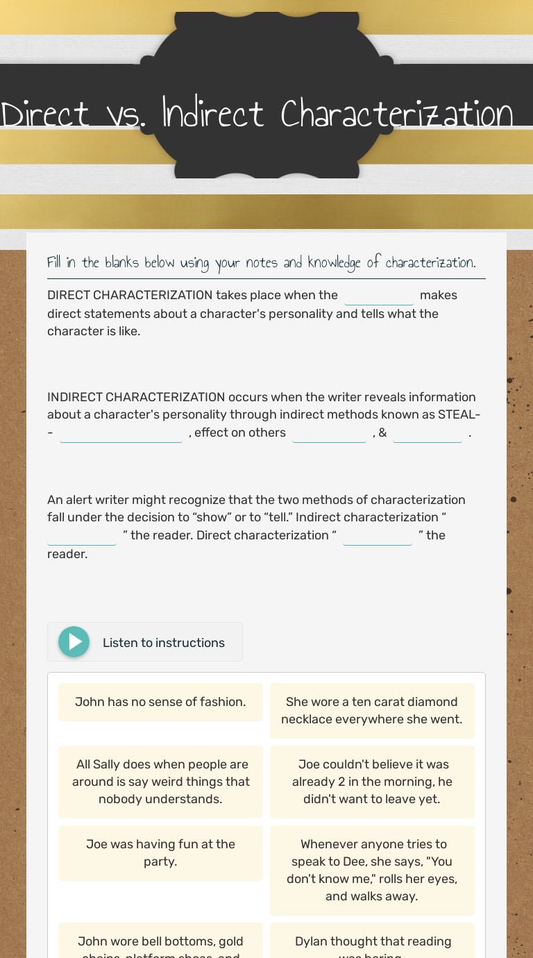 Direct vs. Indirect Characterization  Interactive Worksheet by Regarding Direct And Indirect Characterization Worksheet