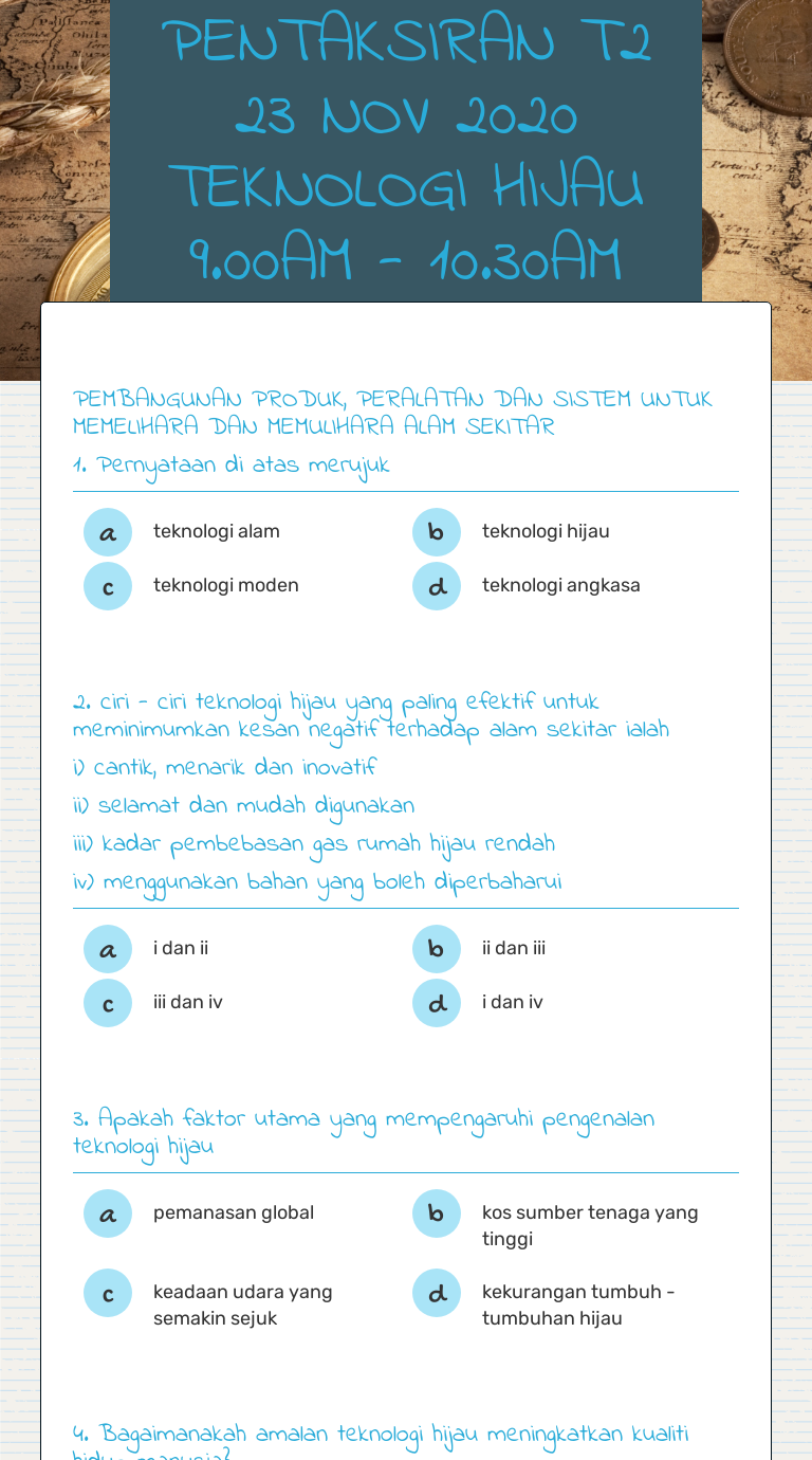 Pentaksiran T2 23 Nov 2020 Teknologi Hijau 9 00am 10 30am Bahagian A B Interactive Worksheet By Darwina Binti Ramli Moe Wizer Me