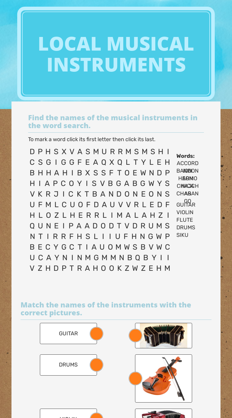 Local musical Instruments worksheet preview image