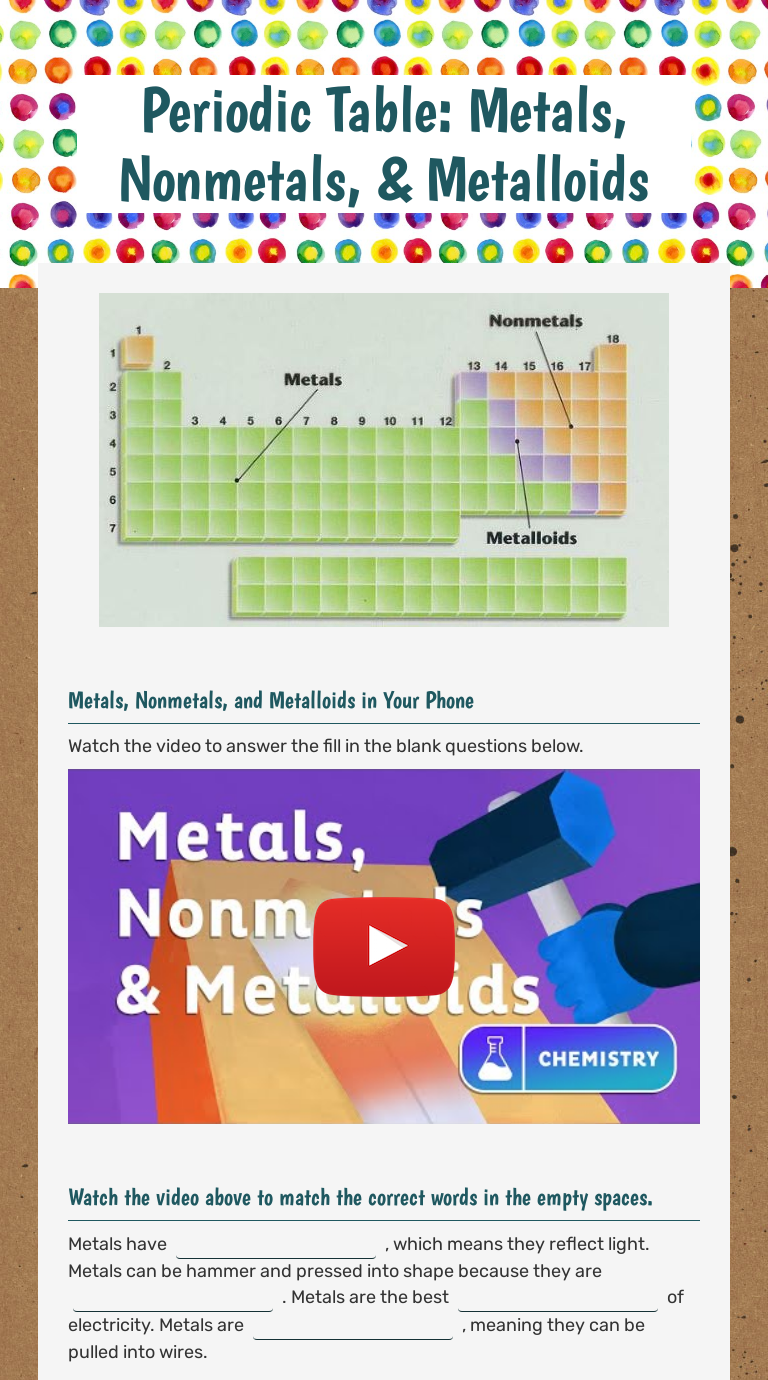 Periodic Table: Metals, Nonmetals, & Metalloids  Interactive Within Metals Nonmetals And Metalloids Worksheet