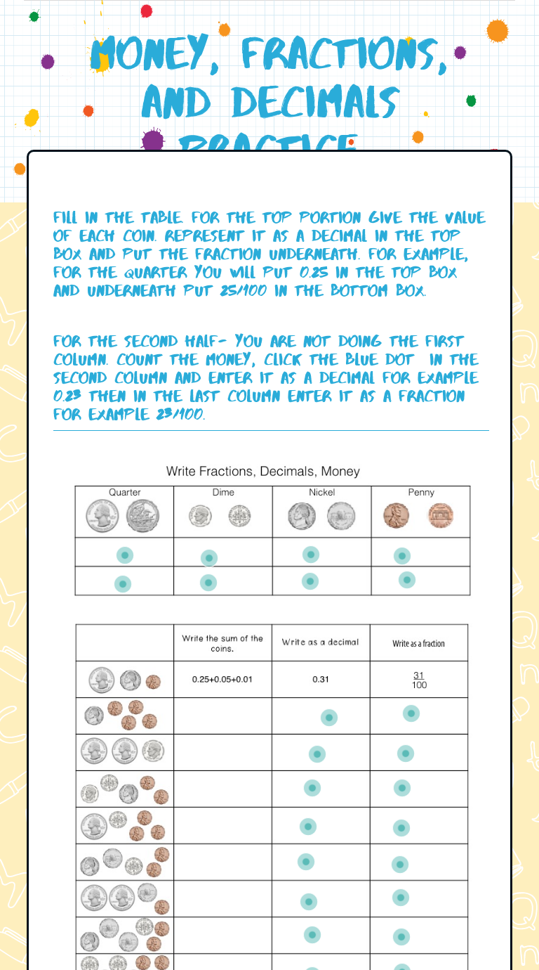 Money Fractions And Decimals Practice Interactive Worksheet By 